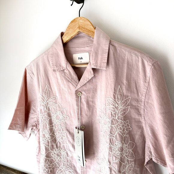 NWT Folk Men's Linen Blend Shirt Tropical Pale Pink White M NEW Short Sleeve - Picture 7 of 8